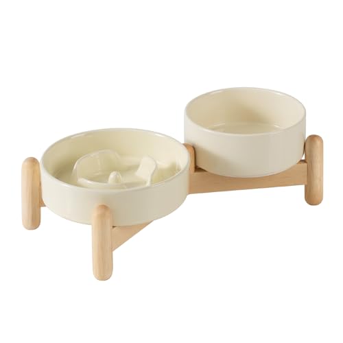Havniva Erhöhter Futternapf aus Keramik, erhöhter 13 cm Wassernapf und 15,5 cm Puzzle, langsamer Futternapf mit Holzständer für kleine Hunde und Katzen, Anti-Schlingen, 2 x beige + Ständer von Havniva