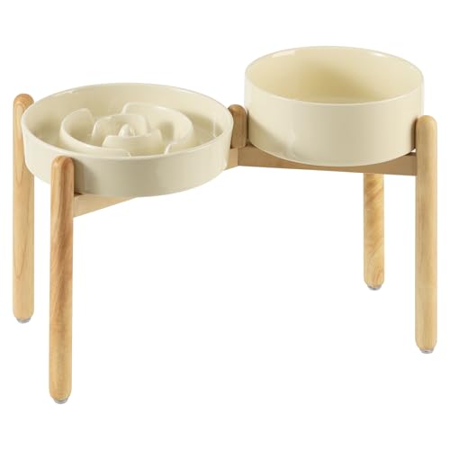 Havniva Erhöhter Futternapf aus Keramik, erhöhter 20,8 cm großer Napf und 24,1 cm Puzzle-Slow-Food-Schüssel mit Holzständer für große Hunde, Anti-Schlingen, 2 x beige + Ständer Havniva Erhöhter Futternapf aus Keramik, erhöhter 20,8 cm großer Napf und 24,1 cm Puzzle-Slow-Food-Schüssel mit Holzständer für große Hunde, Anti-Schlingen, 2 x beige + Ständer von Havniva