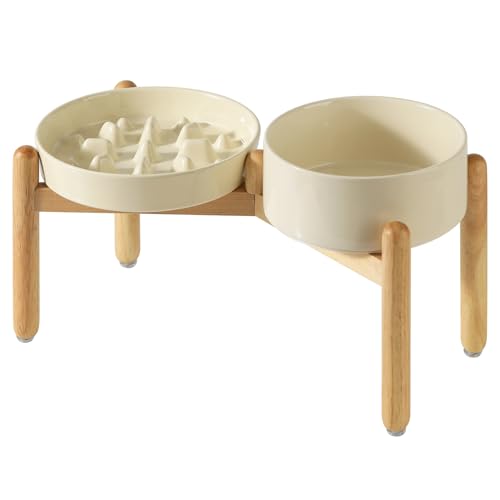 Havniva Erhöhter Futternapf aus Keramik, erhöhter 20,8 cm großer Napf und 24,1 cm langsamer Futternapf mit Holzständer für große Hunde (2 x beige + Ständer) von Havniva
