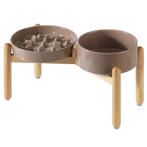 Havniva Erhöhter Futternapf aus Keramik, erhöhter 20,8 cm großer Napf und 24,1 cm langsamer Futternapf mit Holzständer für große Hunde (2 x brauner Kaffee + Ständer) von Havniva