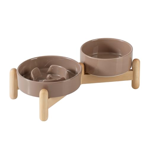 Havniva Erhöhter Futternapf aus Keramik, erhöhter Futternapf, 13 cm und 15,5 cm Puzzle, langsamer Futternapf mit Holzständer für kleine Hunde und Katzen, Anti-Schlingen, 2 x brauner Kaffee + Ständer von Havniva