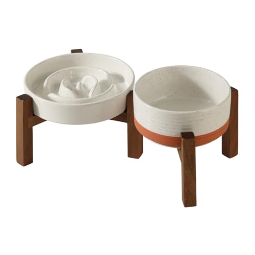Havniva Erhöhter Futternapf aus Keramik, erhöhter Futternapf, 15,5 cm Schüssel und 18,5 cm Schale mit Ständer aus Akazienholz, für kleine und mittelgroße Hunde (2 x Vanilleweiß + Ständer) von Havniva