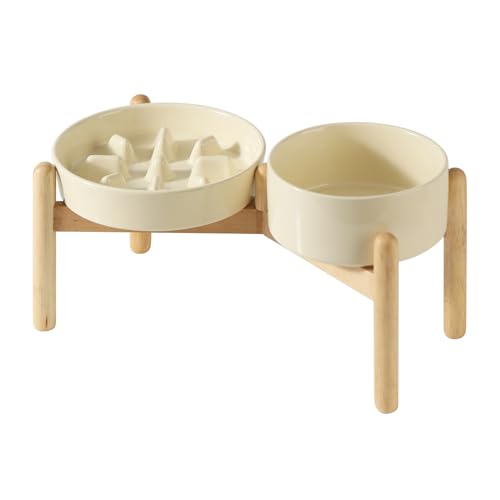Havniva Erhöhter Futternapf aus Keramik, erhöhter Futternapf, 15,5 cm Schüssel und 18,5 cm langsamer Futternapf mit Holzständer für kleine und mittelgroße Hunde (2 x beige + Ständer) von Havniva