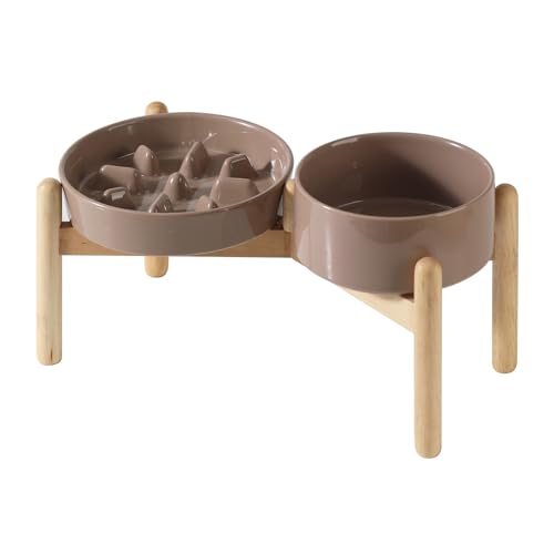 Havniva Erhöhter Futternapf aus Keramik, erhöhter Futternapf, 15,5 cm Schüssel und 18,5 cm langsamer Futternapf mit Holzständer für kleine und mittelgroße Hunde (2 x brauner Kaffee + Ständer) von Havniva