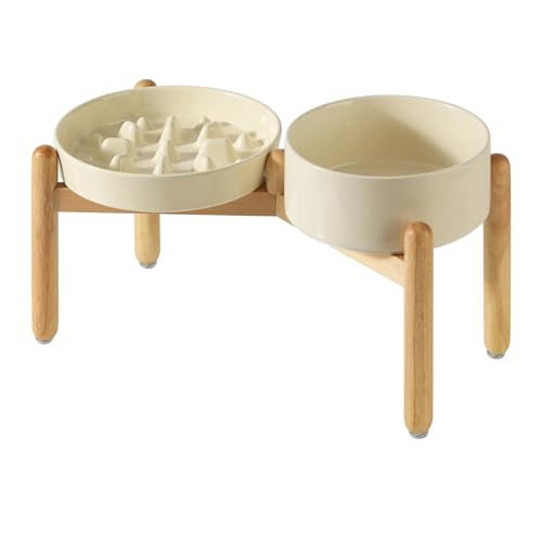 Havniva Erhöhter Futternapf aus Keramik, erhöhter Futternapf, 18,5 cm und 20,8 cm langsame Futternapf mit Holzständer für mittelgroße und große Hunde (2 x beige + Ständer) von Havniva
