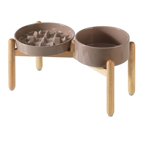 Havniva Erhöhter Futternapf aus Keramik, erhöhter Futternapf, 18,5 cm und 20,8 cm langsame Futternapf mit Holzständer für mittelgroße und große Hunde (2 x brauner Kaffee + Ständer) von Havniva