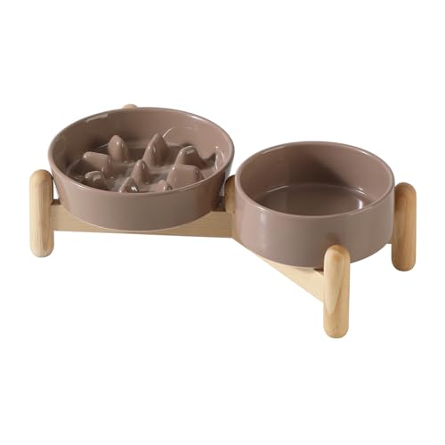 Havniva Erhöhter Futternapf aus Keramik, erhöhter Futternapf für langsames Fressen, erhöhter 13 cm Napf und 15,5 cm langsamer Futternapf mit Holzständer für kleine Hunde und Katzen (2 x brauner Kaffee von Havniva