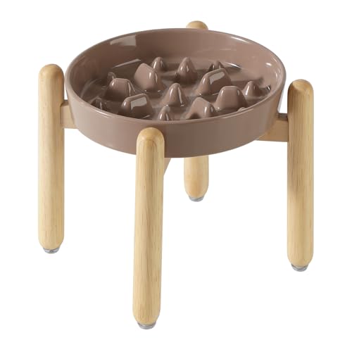 Havniva Erhöhter Futternapf für Hunde aus Keramik, erhöhter Futternapf mit Holzständer für große Hunde, langsamer Futternapf für schnelle Ostern, Anti-Schluck (brauner Kaffee, einzelne Schüssel + von Havniva