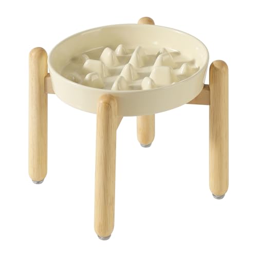 Havniva Erhöhter Futternapf für Hunde aus Keramik, erhöhter Futternapf mit Holzständer für große Hunde, langsamer Futternapf für schnelles Ostern, rutschsicher, Beige, Einzelnapf + Ständer, 24,1 cm von Havniva