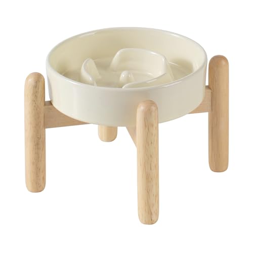 Havniva Erhöhter Futternapf für Hunde und Katzen, 15,5 cm, erhöhter Futternapf mit Holzständer für kleine Hunde und Katzen, Puzzle, langsames Fressnapf, Anti-Schluck (Beige, Einzelnapf + Ständer) von Havniva