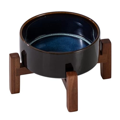 Havniva Erhöhter Futternapf für Hunde und Katzen, Keramik, 13 cm, 2 Höhen, erhöhter Holzständer für Welpen, Kätzchen, Katzen, gewichtete Tiernahrung und Wassernapf (13 cm, 382 ml, Sternenhimmel) von Havniva
