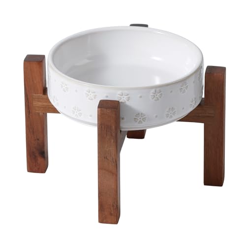 Havniva Keramik 15,5cm erhöht Hunde- und Katzennapf Set, 2 Höhen erhöht mit Holzständer, Futter- und Wassernapf für kleine Rassen Hunde, gewichtete Tiernäpfe(400ml, Arktisch Weiß) von Havniva