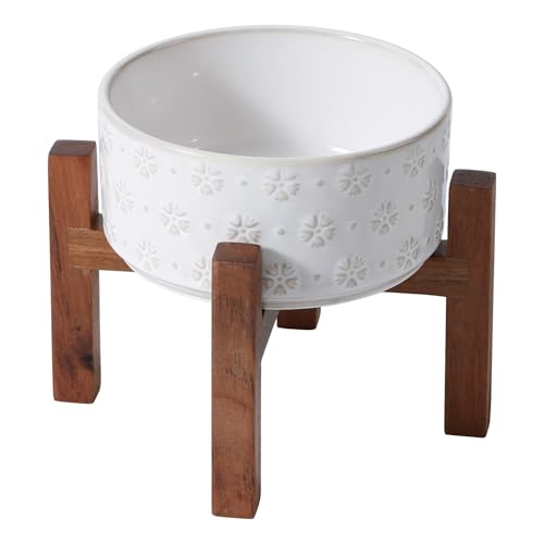 Havniva Keramik 15,5cm Erhöhte Hunde- und Katzennapf Set, 2 Höhen Erhöhter Holzständer für Hunde Kleiner Rassen, gewichtete Futter- und Wassernäpfe für Haustiere(800ml, Arktisch Weiß) von Havniva