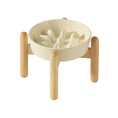 Havniva Erhöhter Futternapf für kleine Hunde, Keramik, erhöhter Futternapf mit Holzständer für kleine Hunde, langsamer Futternapf für schnelles Ostern, verhindert Ersticken (Beige, Einzelnapf + von Havniva