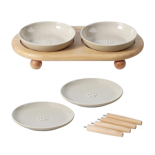 Havniva Erhöhter Keramik-Fressnapf mit breitem Schnurrhaar, Futter- und Wassernapf mit 2 Stilen, verstellbares Haustiernapf-Set, Anti-Schnurrhaar, Müdigkeit (2 Schalen + 2 flache Schalen + Ständer von Havniva