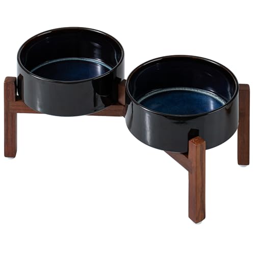 Havniva Erhöhtes Doppel-Hundenapf-Set aus Keramik, 18,5 cm, mit Ständer aus Akazienholz, Futter- und Wassernäpfe für mittelgroße Hunderassen, beschwerter Futternapf (1,2 l, Sternenhimmel) von Havniva