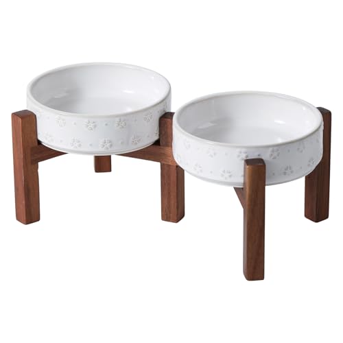 Havniva Keramik 15,5cm erhöht Double Bowls Set mit Akazienholz Stand, 2 Höhen erhöht, Futter & Wasser Schalen für Welpen, Kitty, Katzen, Pet Bowl(400ml, Arktisch Weiß) von Havniva