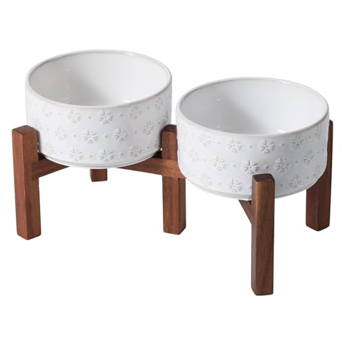 Havniva Keramik 15,5cm erhöht Doppel-Hundenäpfe Set mit Akazienholz Stand, 2 Höhen erhöht, Futter & Wasser Schalen für kleine Hunde(800ml, Arktisch Weiß) von Havniva
