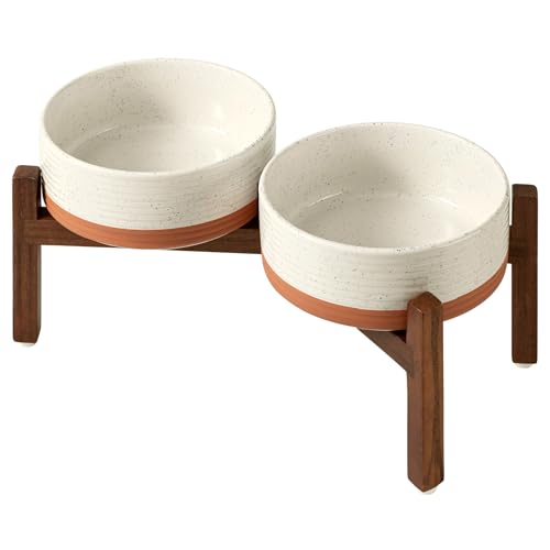 Havniva Erhöhtes Doppel-Hundenapf-Set aus Keramik, 18,5 cm, mit Ständer aus Akazienholz, Futter- und Wassernäpfe für mittelgroße Hunderassen, gewichteter Futternapf (1,2 l, Vanilleweiß) von Havniva