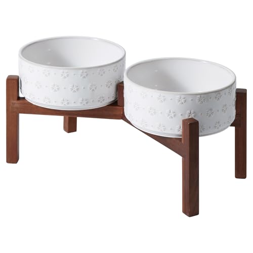 Havniva Keramik 18,5cm erhöht Doppel-Hundenäpfe Set mit Akazienholz Stand, Futter & Wasser Schalen für mittelgroße Rassen Hunde, gewichtet Pet Dishes(1300ml, Arktisch Weiß) von Havniva