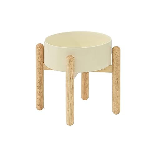 Havniva Hundenapf Keramik Fressnapf Erhöhter Futternapf Wassernapf mit Holzständer für Große Hunde (Einzelne Schale mit Ständer - Beige, 1800ml) von Havniva
