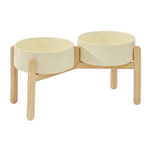 Havniva Hundenapf Keramik Fressnapf Erhöhter Futternapf Wassernapf mit Holzständer für Große Hunde (Doppelschalen mit Ständer - Beige, 1800ml) von Havniva