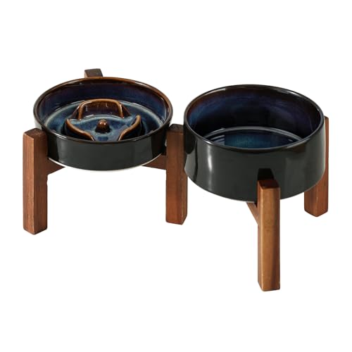 Havniva Keramik Erhöhter Slow Feeder Hundenapf Set, Erhöhter 15,5 cm Wassernapf und 15,5 cm Slow Dish mit Akazienholzständer für kleine Hunde (2 x Sternenhimmel + Ständer) von Havniva
