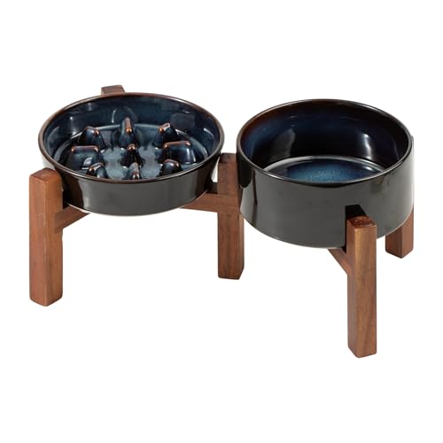 Havniva Keramik Erhöhter Slow Feeder Hundenapf und Wassernapf Set für schnelle Esser, erhöhte 15,5 cm Schüssel und 15,5 cm Schale mit Akazienholzständer für kleine Hunde (2 x Sternenhimmel + Ständer) von Havniva