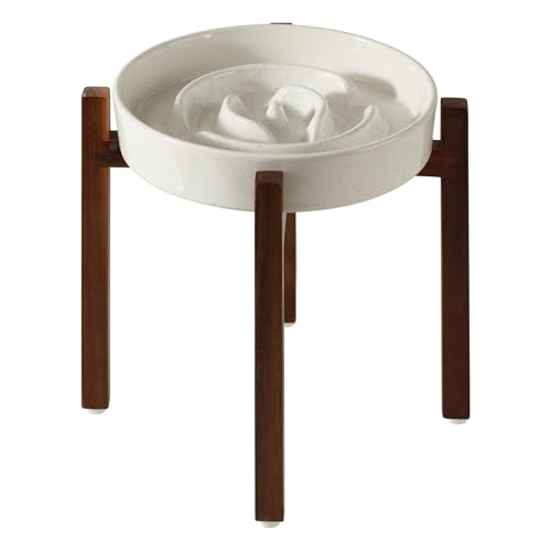 Havniva Keramik-Hundenapf-Set, erhöhter Futternapf, 24,1 cm, erhöhter Ständer aus Akazienholz für große Hunde, langsamer Futternapf, stoppt Blähungen (Einzelnapf + Ständer, Vanilleweiß) von Havniva