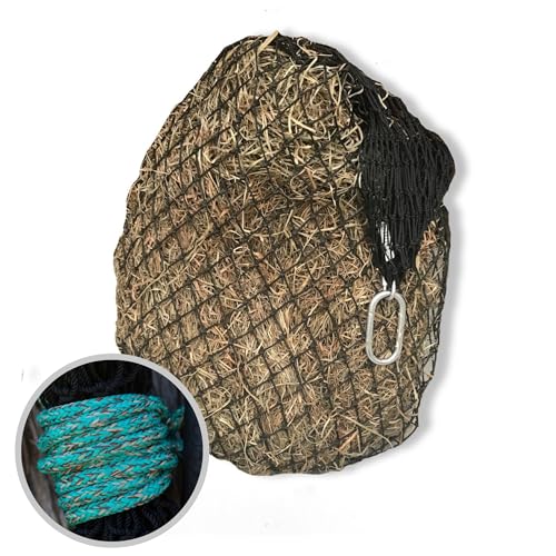hay chix Heunetz für Pferde, langsames Füttern, Heusack-Futterstation, Marine-Qualität, UV-behandeltes Nylon, hält 4–6 Flocken, halbes Ballennetz (4,5 cm Löcher) VTG. Türkisfarbene Seilfarbe von Hay Chix