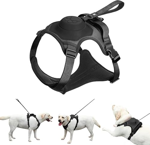 Hayagotrade Geschirr für mittelgroße Hunde, 2-in-1 mit Zugentlastung und einziehbarer Leine, Schwarz, Modernes Design mit automatischer Verriegelungsfunktion, Verstellbar für Hunde jeder Größe von Hayagotrade