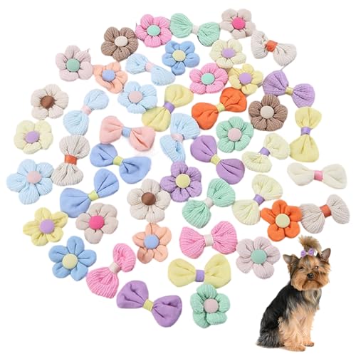 Hbbgdiy Haarschleifen für Hunde, Bunte Hundeschleifen, kleine Größe mit Gummiband, 50 Stück, süße dekorative, funktionale Blumen-Haar-Accessoires für Haustiere, Pferdeschwänze, Haarknoten von Hbbgdiy