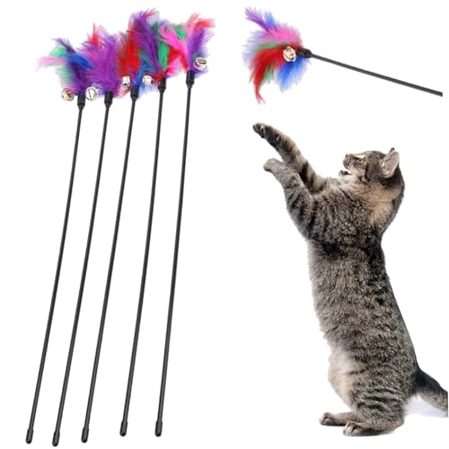 Hbbgdiy Katzenteaser mit Bell 5pcs 24 -Zoll -Plastikkatze Zauberstab Spielzeug mit farbenfrohen Feder interaktives und unterhaltsames Spielzeug für Innenkätzchen von Hbbgdiy
