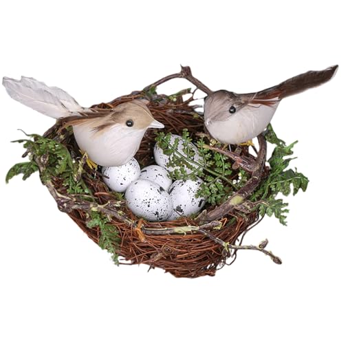 Vogelnestdekor, 5, 9 Zoll Rattan Vogelhaus mit dekorativen Vögeln und Eiern, rustikaler Haus und Garten Springdekor, Ostertisch oder Gartendekoration von Hbbgdiy