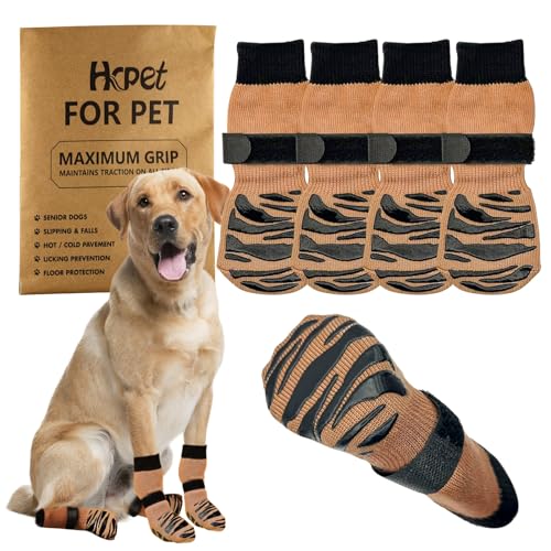 2 Paar Hundesocken für Den Innenbereich,Doppelseitige Griffe, Traktionskontrolle auf Hartholzböden,Verhindert Das Ablecken Kleine, Mittlere und Große Hundesocken (Braun, XL) von Hcpet