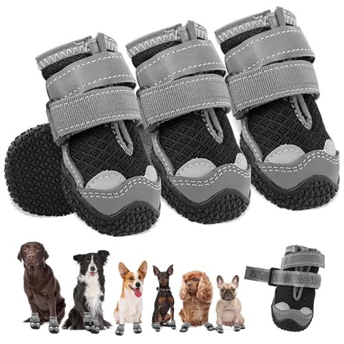 Hundestiefel Atmungsaktive Hundestiefel mit rutschfesten Krallen Reflektierende Hundestiefel für Schnee und Wandern (1, Schwarz) von Hcpet