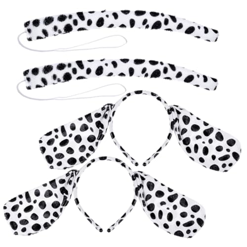 Healvian 4-Teiliges Set Dalmatiner Stirnband Dalmatinisches Stirnband Hund verkleiden Hundestirnband Stirnbänder Haustier hundeschwanz dog costume Tierkostümset Cosplay-Anzug kurzer Plüsch von Healvian