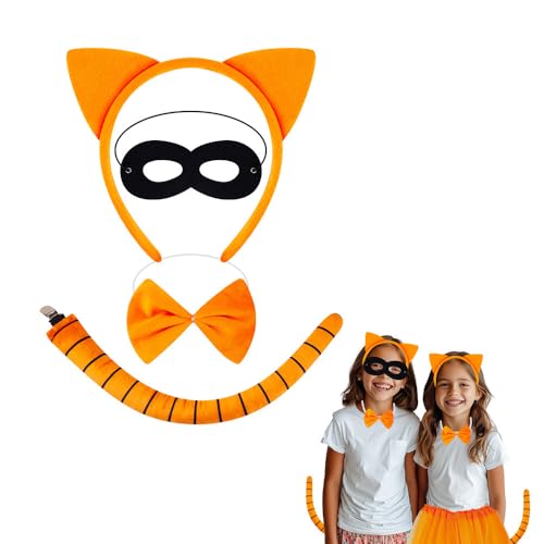 Healvian 4-teiliges Katzenkostüm-set, Katzenohren-stirnband, Fliege, Augenmaske, Orangefarbenes Stoff-tier-cosplay-zubehör für Halloween, Weihnachten, Party-verkleidungen von Healvian