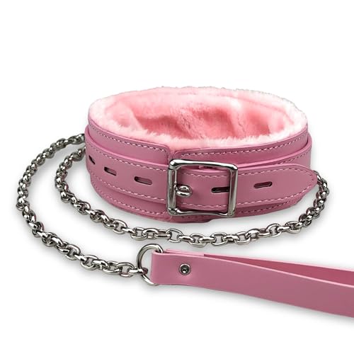 Gothic-Leder-Halsband, PU-Leder, mit Fell gefüttert, mit langer und strapazierfähiger, abnehmbarer Leinenkette, Haustierhalsbänder (Rosa) von Heavelove