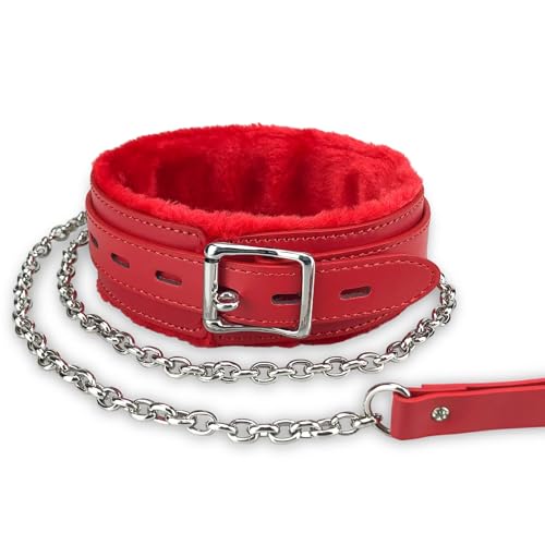 Gothic-Leder-Halsband, PU-Leder, mit Fell gefüttert, mit langer und strapazierfähiger, abnehmbarer Leinenkette, Haustierhalsbänder (rot) von Heavelove