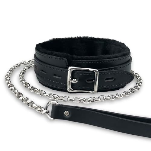 Gothic-Leder-Halsband, mit Pelz gefüttert, mit langer und langlebiger abnehmbarer Leinenkette, Haustierhalsbänder (schwarz) von Heavelove