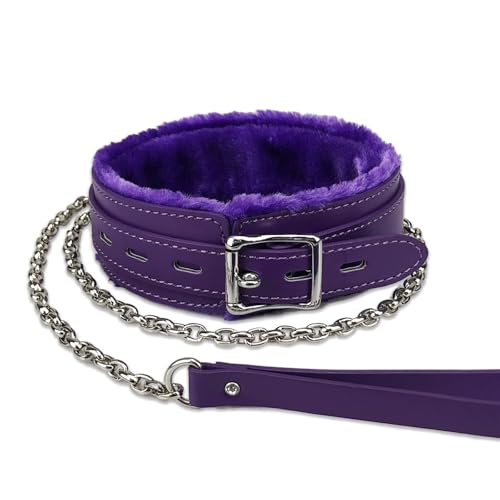 Gothic PU Leder Choker Halsband, PU Pelz Gefüttert, Haustier Halsbänder mit langer und strapazierfähiger abnehmbarer Kette für Haustiere (Lila) von Heavelove