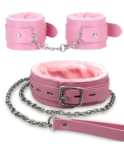 Gothic Plüsch-Lederhalsband mit Kette, abnehmbare Leine, Seil, kleines Haustierhalsband, Rosa von Heavelove