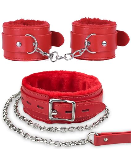 Gothic Plüsch-Lederhalsband mit Kette, abnehmbare Leine, Seil, kleines Haustierhalsband, Rot von Heavelove