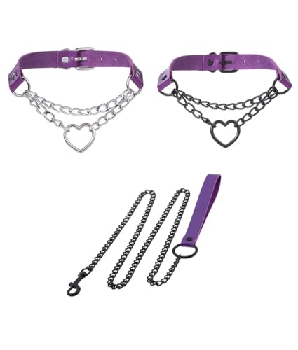 Halsband und Leine, Vintage-Stil, Herz-Design, Leder, Schwarz, 3-teiliges Set für Hunde, Haustier, Emo, Gothic, Kospaly, Geschenke, Halsbänder (lila) von Heavelove
