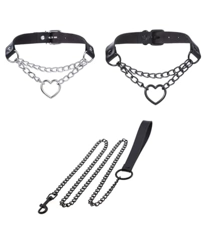Halsband und Leine, Vintage-Stil, Herzmotiv, Leder, Schwarz, 3-teiliges Set für Hunde, Emo, Gothic, Cospaly, Geschenke, Halsbänder, Choker (schwarz) von Heavelove