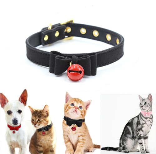 Katzenhalsband, PU-Leder, Schleife, mit Glocke, verstellbar, Schwarz von Heavelove