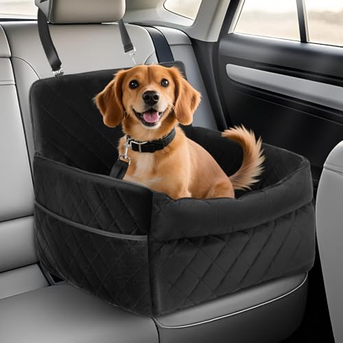 Hebitod Hundeautositz, 50 kg, waschbar, Haustier-Autositz für Hunde, Memory-Schaum, Hundeerhöhung mit dickem Kissen, abnehmbarer Welpensitz mit Aufbewahrungstaschen und 2 Sicherheitsleinen, Schwarz von Hebitod