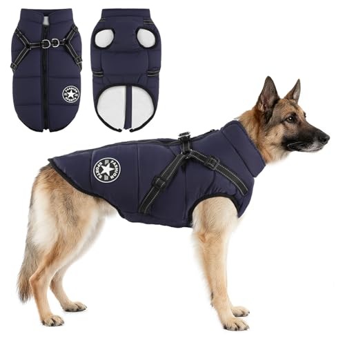 Hebitod Hundejacke mit Geschirr, Hundemantel Wasserdicht, Wasserdichter Hundemantel, Welpen Winter Warme Jacke, Winddichte Haustierkleidung, Reflektierende Hundemänte, Blau 4XL von Hebitod