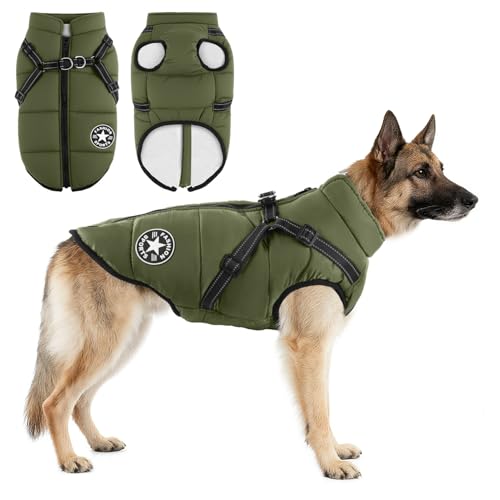 Hebitod Hundejacke mit Geschirr, Hundemantel Wasserdicht, Wasserdichter Hundemantel, Welpen Winter Warme Jacke, Winddichte Haustierkleidung, Reflektierende Hundemänte, Grün XL von Hebitod